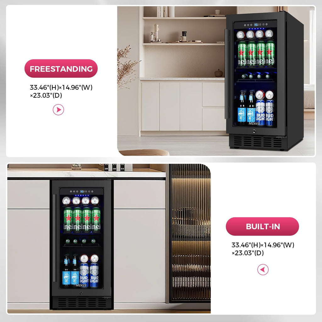 15 Inch Beverage Cooler Refrigerator, 15' Beverage Cooler Under Counter 130 Cans Beverage Fridge with Glass Door, Freestanding or Built-In Mini Drinks Fridge with Lock for Soda, Beer, Black