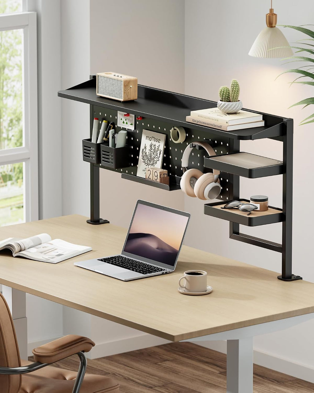 PEGZONE Clamp on Desk Shelf, 44' Desktop Shelving System with Pegboard and Accessories, Desktop Organizer with 2-Tier Shelf, Desk Pegboard for Office Home Gaming, Black