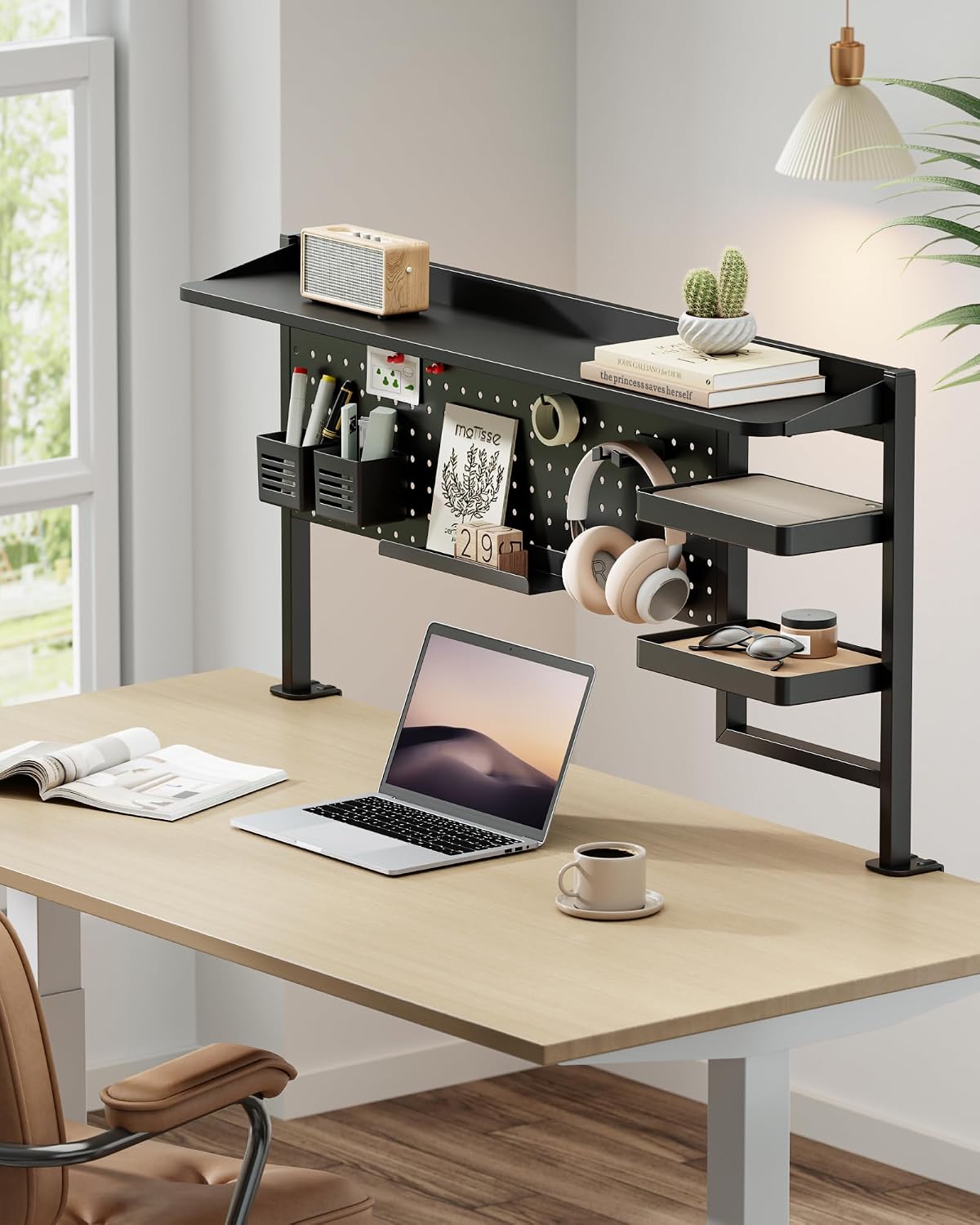 PEGZONE Clamp on Desk Shelf, 44' Desktop Shelving System with Pegboard and Accessories, Desktop Organizer with 2-Tier Shelf, Desk Pegboard for Office Home Gaming, Black