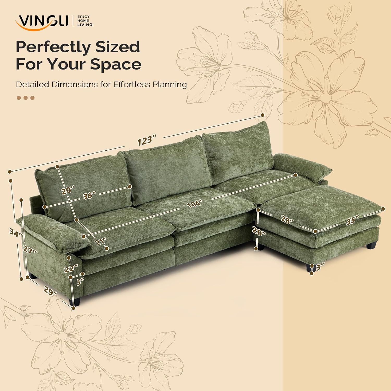VINGLI 122' Cloud Double-Layer Deep Convertible Sectional Sofa, Comfy L-Shape 3-Seat Couches for Living Room, Modern Couch with Movable Ottoman for Small Space, Olive Green, Chenille
