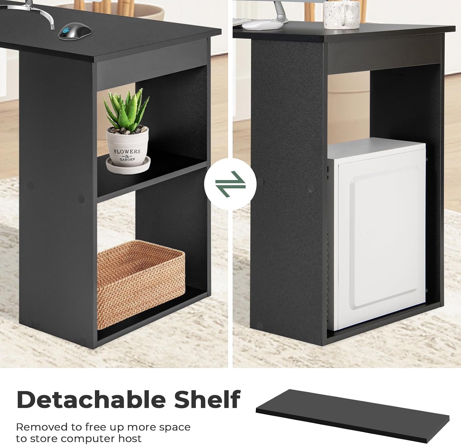 Giantex 48 Inch Computer Desk with Bookshelf, 3-in-1 Home Office Desk with 4-Tier Bookcase & CPU Stand, Space-Saving Reversible Writing Desk Work Table for Bedroom, Study Room, Office (Black)