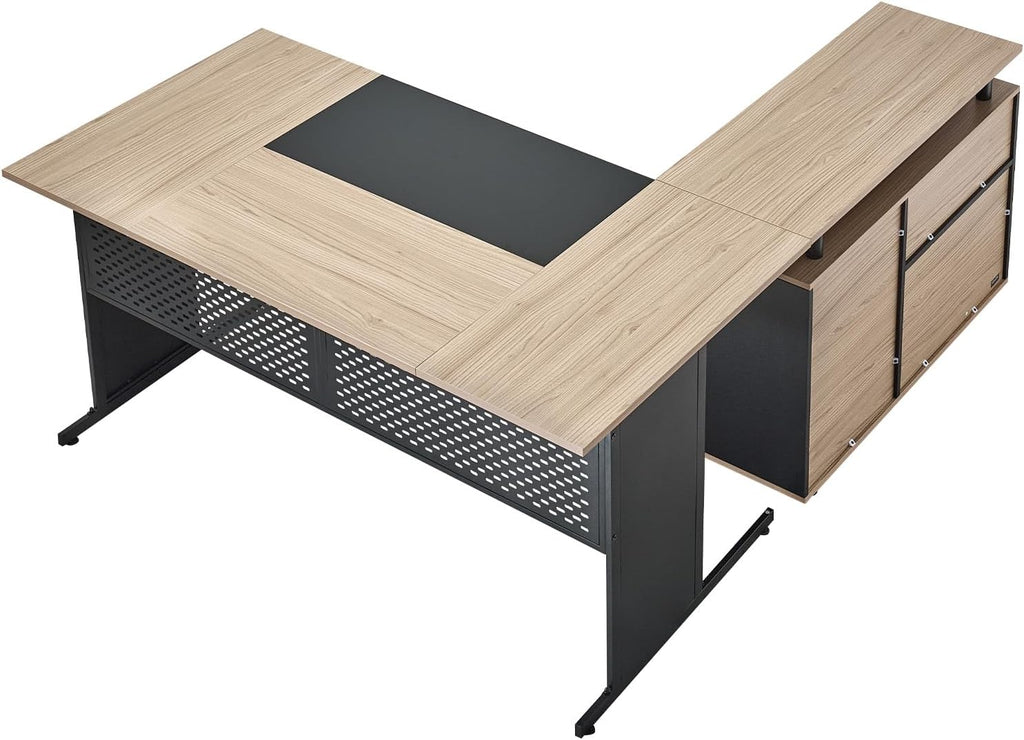 VEVOR 63' L-Shaped Executive Desk, Large Office Desk with Drawers, File Storage Cabinet, Detachable 350 LBS Load Capacity Corner Table, Easy Assembly, Business Furniture Workstation for Home Office