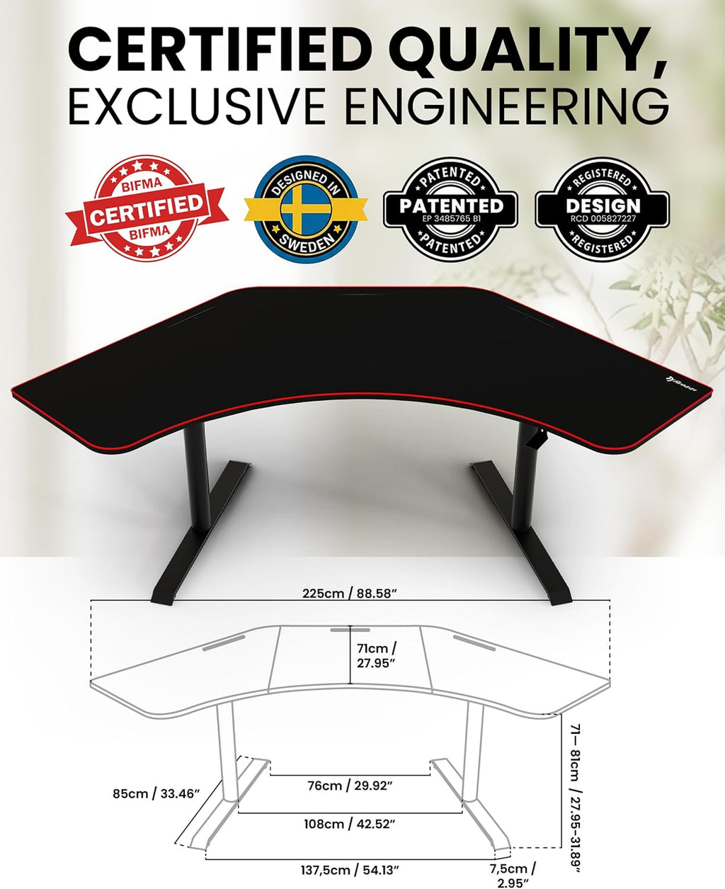Arozzi Arena Angelo L Shaped GamingDesk, PC GamingDesk L Shape, Height Adjustable L Shaped Standing Desk for Home Office, with Full Coverage Mouse Pad (Black)