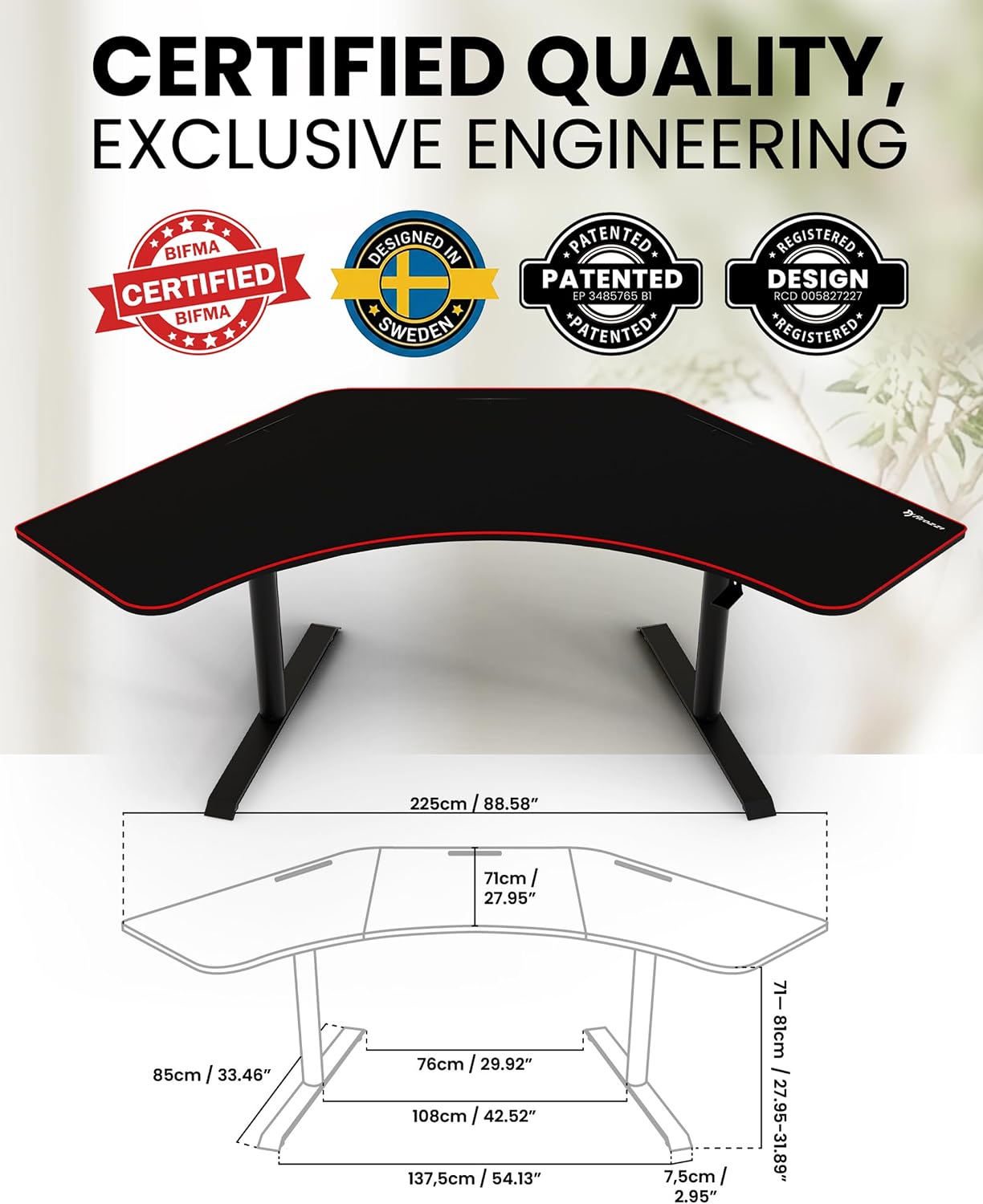 Arozzi Arena Angelo L Shaped GamingDesk, PC GamingDesk L Shape, Height Adjustable L Shaped Standing Desk for Home Office, with Full Coverage Mouse Pad (Black)