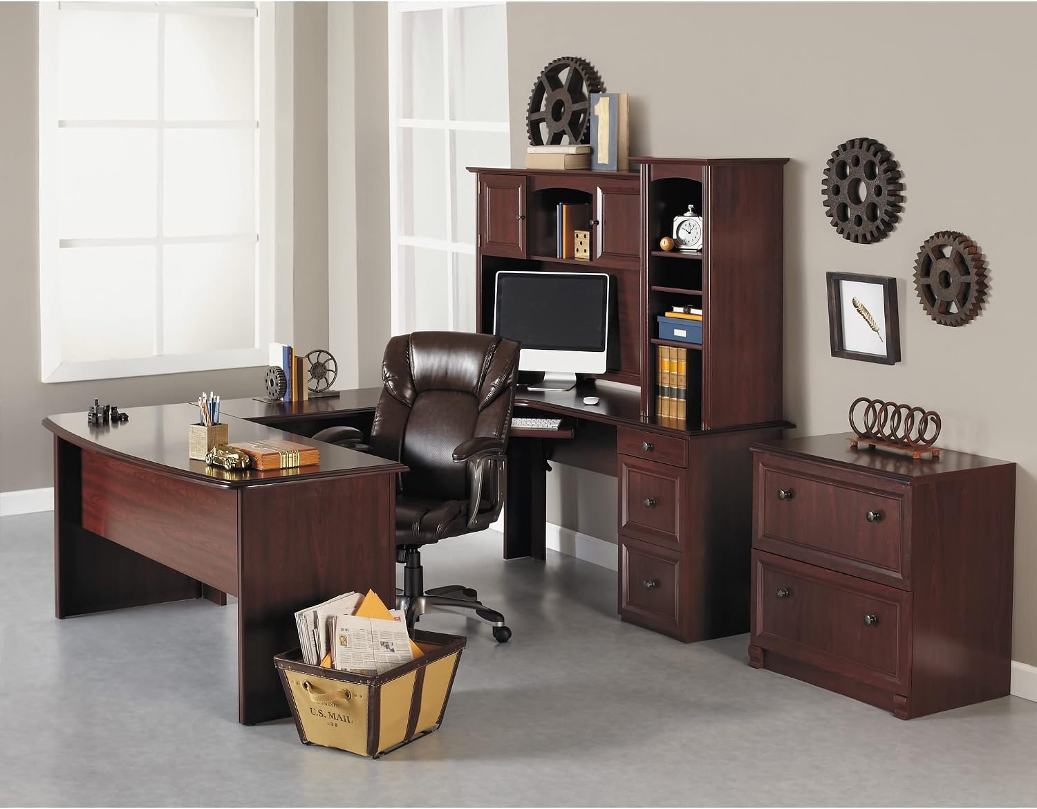 Realspace® Broadstreet 65'W U-Shaped Executive Corner Desk, Cherry
