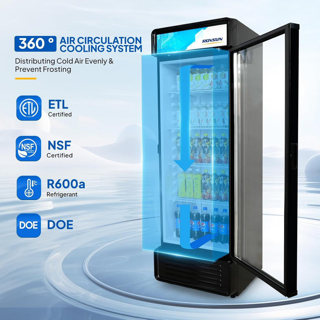 ROVSUN 12.5 Cu.Ft Commercial Refrigerator Display Refrigerator ETL NSF Certified, Commercial Beverage Cooler Glass Door Merchandiser Drink Fridge w/Adjustable Shelves LED Light for Bar Restaurant