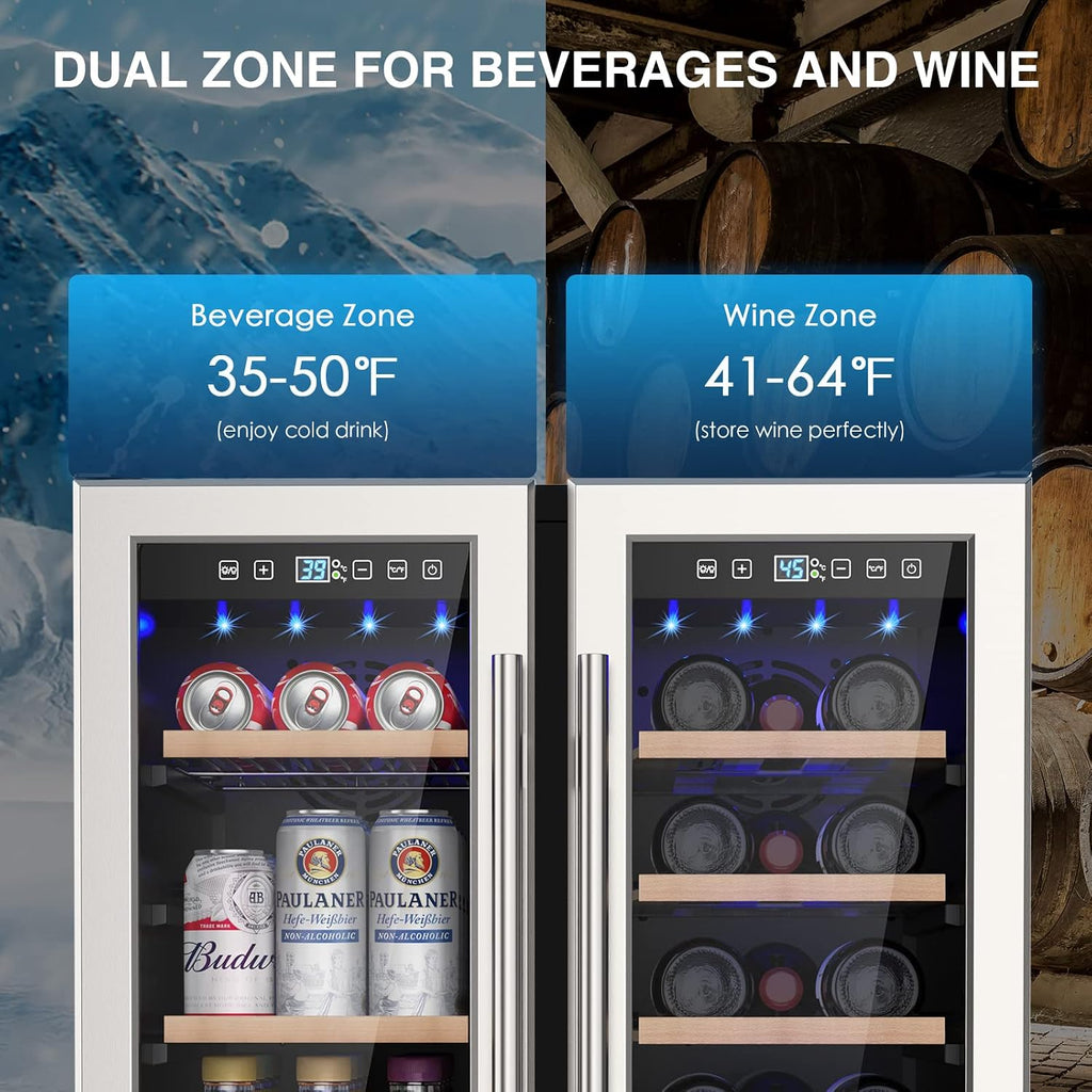 Mojgar Wine and Beverage Refrigerator, 24 Inch Dual Zone Wine Fridge with Two Safety Locks, Under Counter Wine Cooler Fridge Built-In or Freestanding, Holds 20 Bottles and 57 Cans (Double Glass Door)