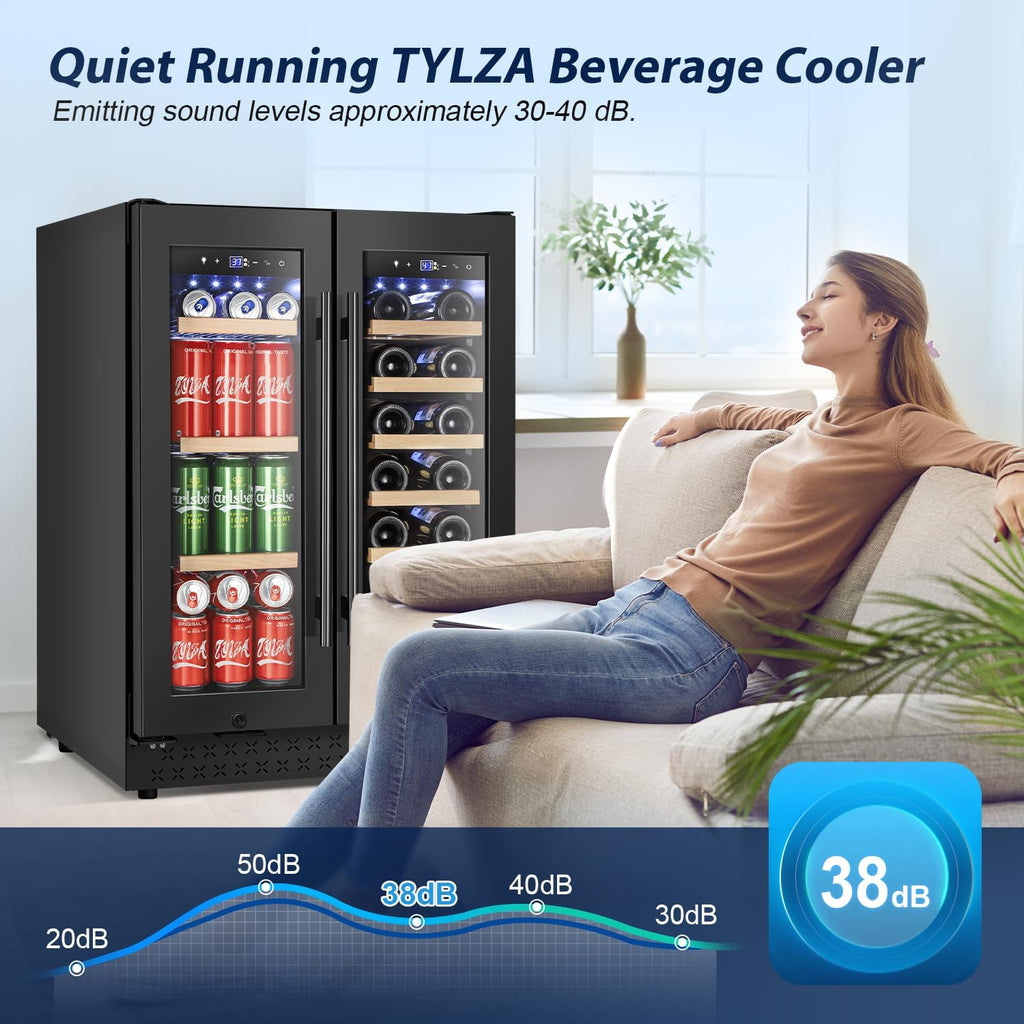 Tylza 24 Inch Wine and Beverage Refrigerator, Dual Zone Wine Beverage Cooler 24' with French Door, Under Counter Wine Beer Fridge Built-In or Freestanding, Holds 20 Bottles and 88 Cans, Black