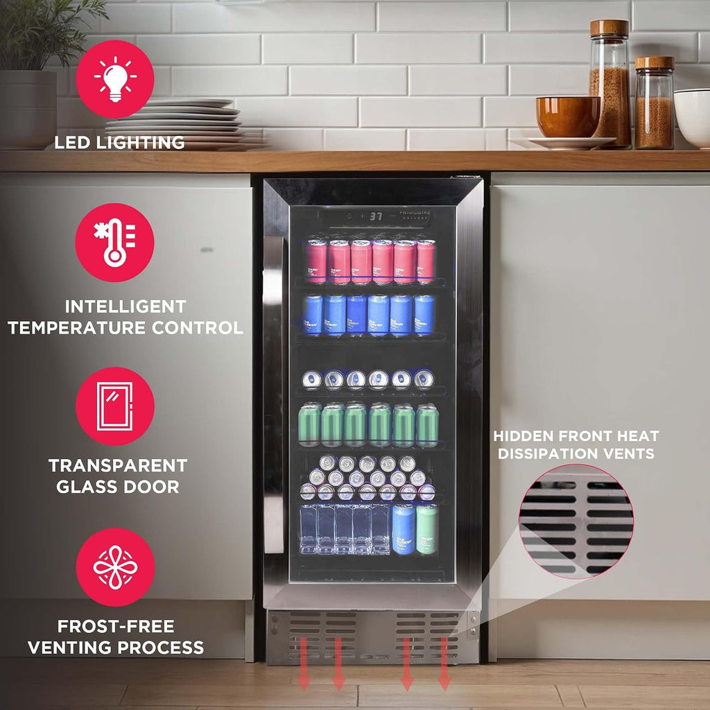 Frigidaire Gallery, 22.5' Wide Beverage Cooler, 30-Bottles Stainless Steel, with Lock, Tempered Glass Door, Frost Free, Glass Door, Stainless Steel, Built-in