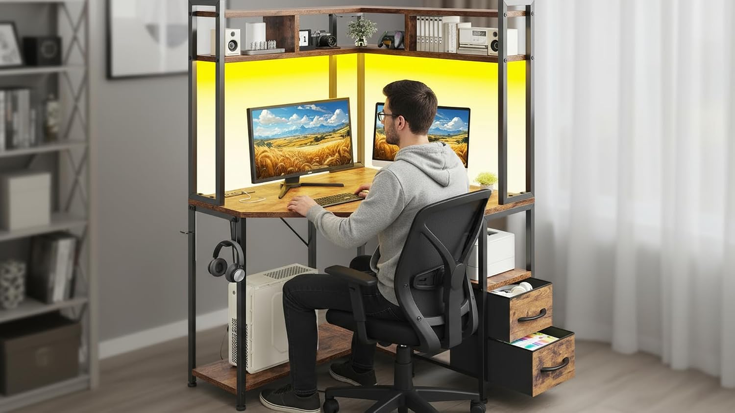DurayLoly 35.4' W x 63' H Corner Desk with Hutch & LED Lights, Triangle Corner Desk and Computer Desk with Drawers for Storage & Shelves and Hook, Office Desk for Bedroom Small Space, Rustic Brown