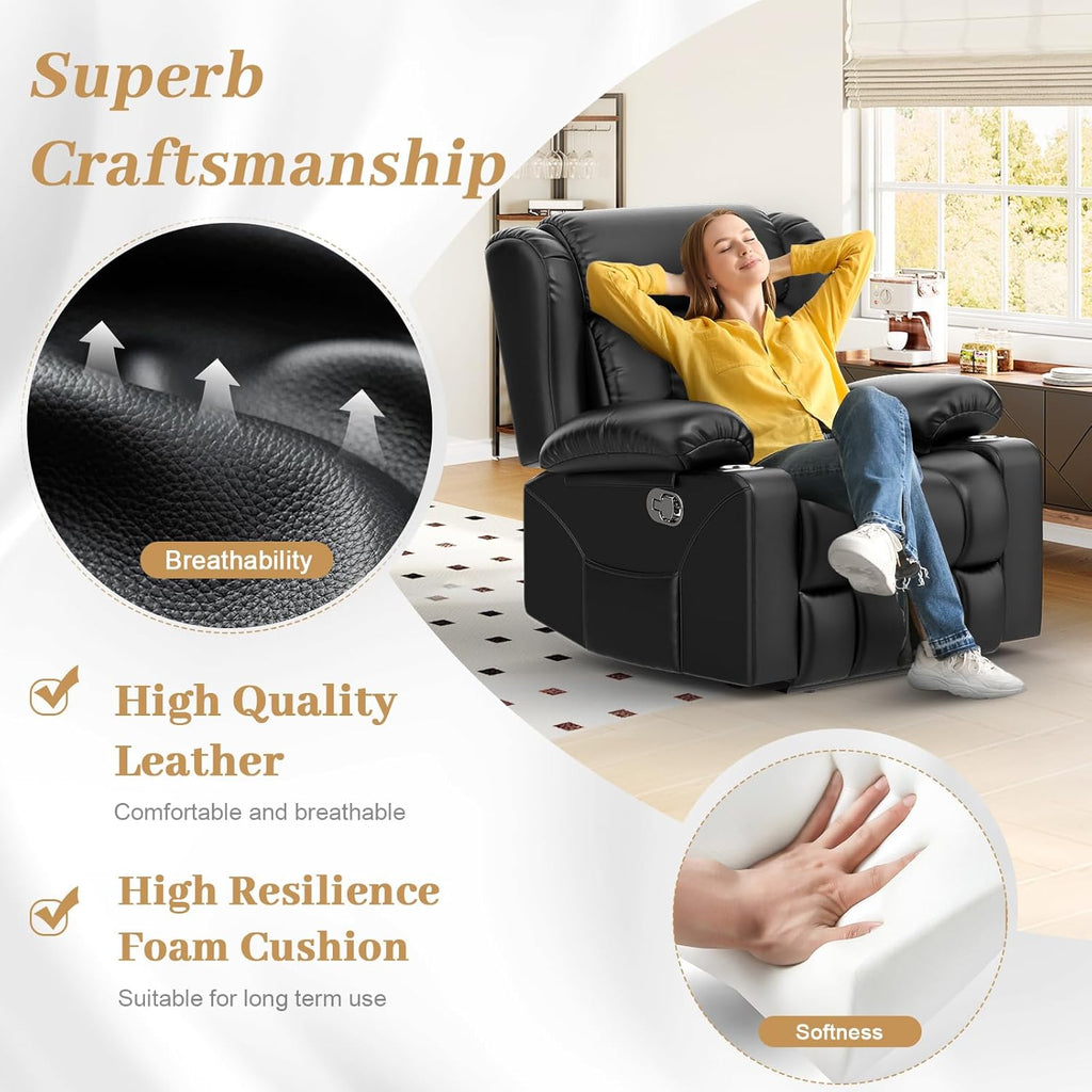 FURNIMAT Recliner Chair, Oversized Manual Reclining Chair for Adults, Single Reclining Sofa with Cup Holder & Pocket, Lounge Recliner for Living Room Home Theater Seating RV Chairs