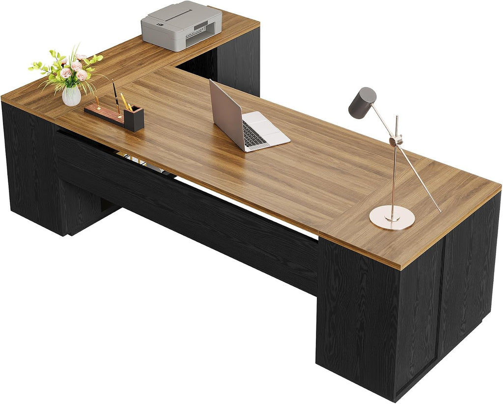 Tribesigns 85.8-Inch L-Shaped Executive Desk with File Drawers, Door Cabinet & Shelves, Extra Large Commercial Office Desk, Modern Professional Office Table, Business Furniture, Warm Brown & Black