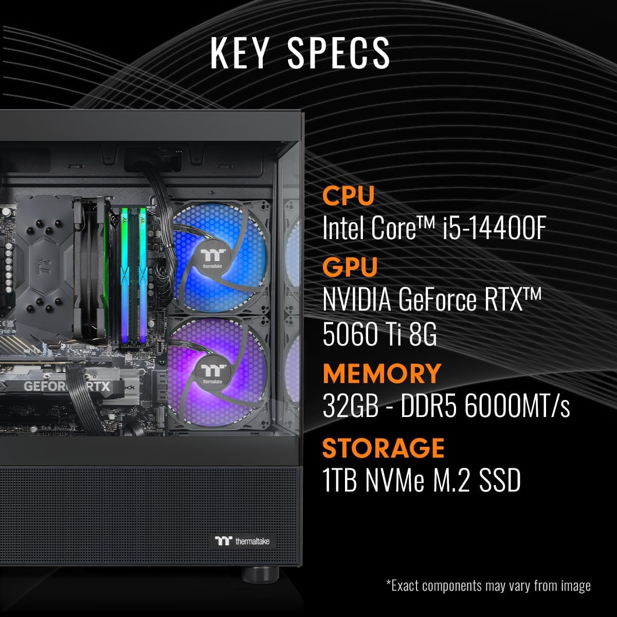 Thermaltake LCGS View i1460T-170 Gaming Desktop (Intel Core™ i5-14400F, ToughRam 32GB DDR5 6000MT/s RGB Memory, NVIDIA GeForce® RTX 5060 Ti 8G, 1TB NVMe M.2, WiFi, Windows 11) V17B-B760-56T-LCS