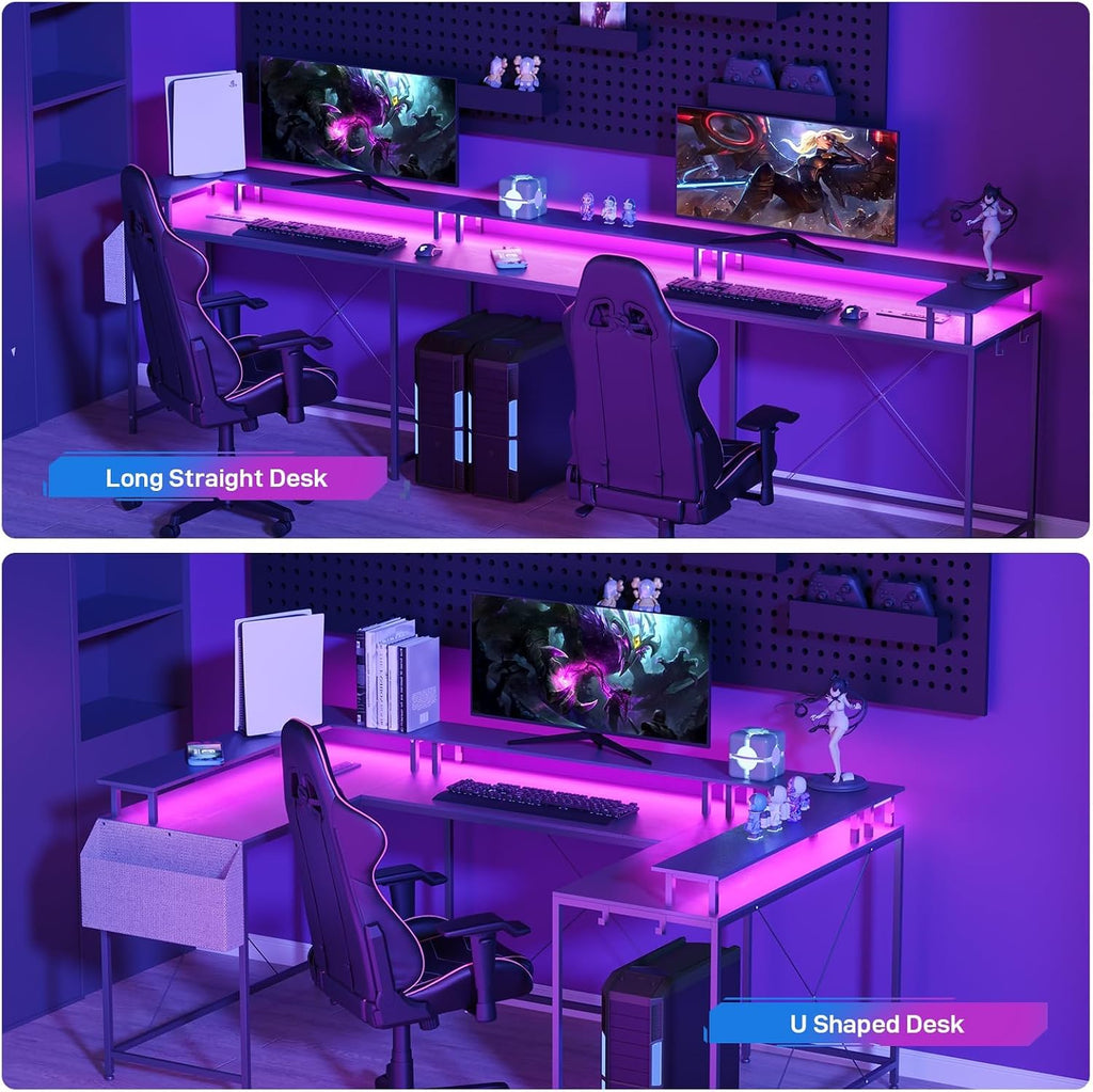 78' U-Shaped Gaming Desk - Reversible L-Shaped Computer Desk with Power Outlets, USB Ports & LED Strip, Corner Office Desk with Storage Shelves & Monitor Stand - Black.