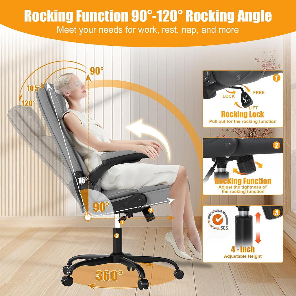 Executive Office Chair with Flip-up Armrests,Ergonomic Computer Desk Chairs,Mid-Tall Back Leather Office Chair 400 Lbs,Lumbar Support Swivel PC Chair with Rocking Function