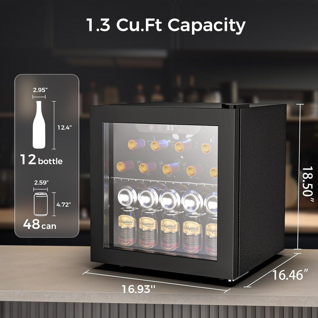 Kndko Mini Beverage Refrigerator - 48 Can Mini Fridge with Digital Temperature Control, LED Light, Reversible Door, Perfect for Home, Office, Bar, and Game Room - 1.3 Cu.Ft, Black