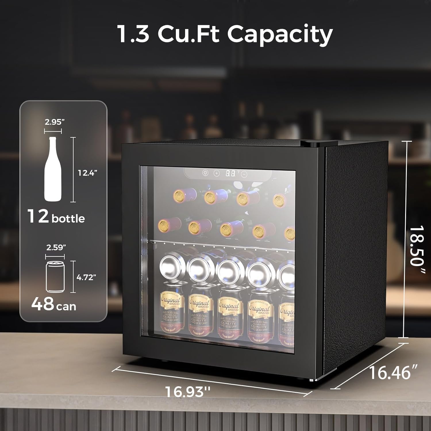 Kndko Mini Beverage Refrigerator - 48 Can Mini Fridge with Digital Temperature Control, LED Light, Reversible Door, Perfect for Home, Office, Bar, and Game Room - 1.3 Cu.Ft, Black