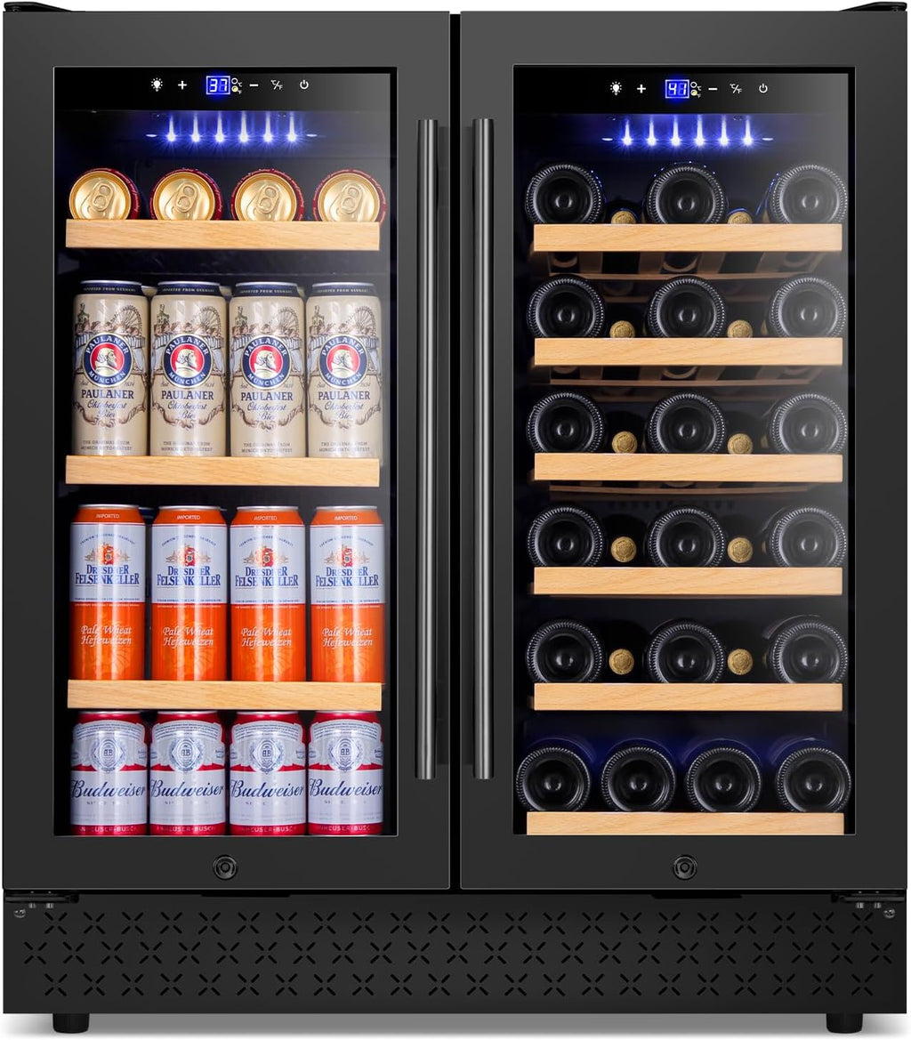 Tylza 30 Inch Wine and Beverage Refrigerator, Dual Zone Wine Beverage Cooler 30' with French Door, Under Counter Wine Beer Fridge Built-In or Freestanding, Holds 29 Bottles and 110 Cans, Black