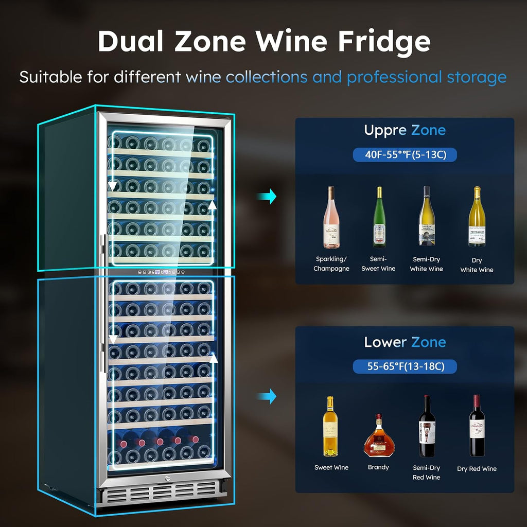 Mojgar 24 inch Wine Refrigerator 163 Bottles, Dual Zone Wine Fridge Freestanding Built-in Wine Cooler with Precision Thermostat, Full Extension Beechwood Shelves