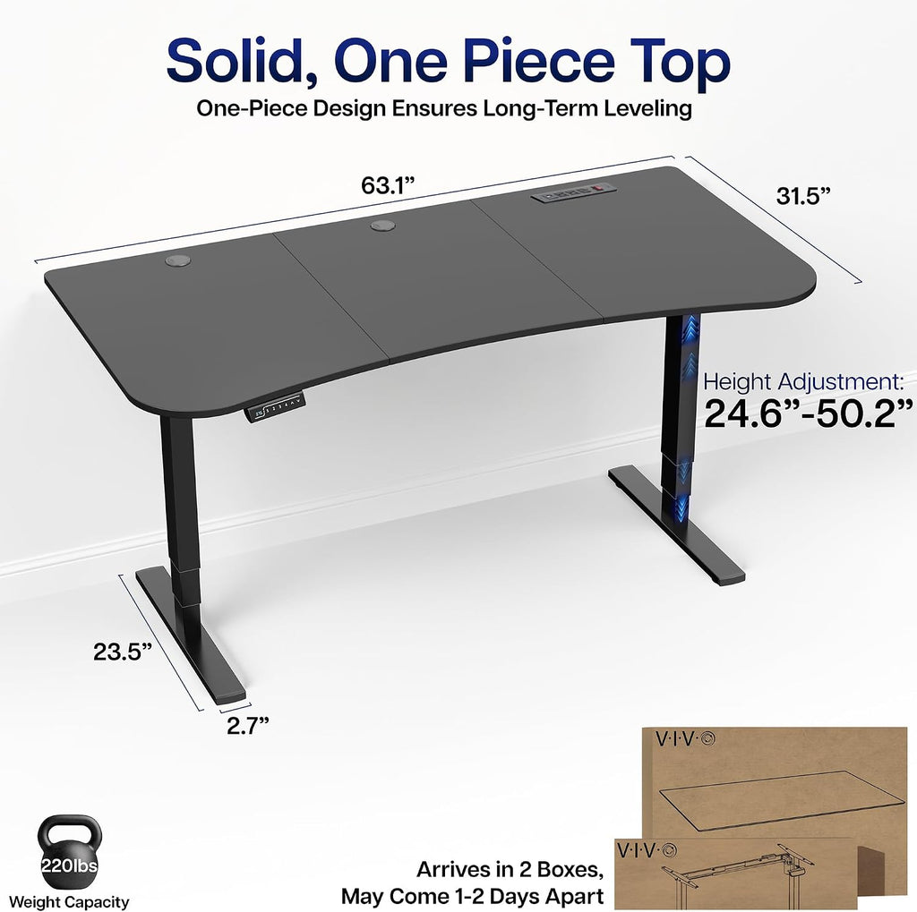 VIVO Electric 63 x 32 in Standing Desk with Built-in Power Strip, Touch Screen Adjustment, 220 lb Frame Support, 2E Series, Black Top Black Frame, DESK-KIT-2EBAC