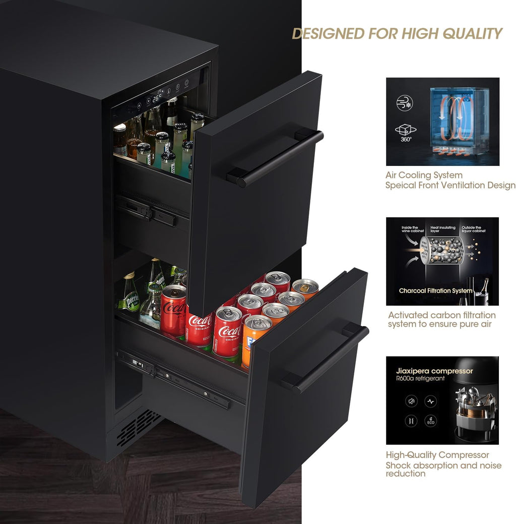 15 inch Double Drawer Drawer Refrigerator Under Counter Beverage Refrigerator, Indoor & Outdoor Fridge for Patio, Kitchen & Bar, Weatherproof, Black