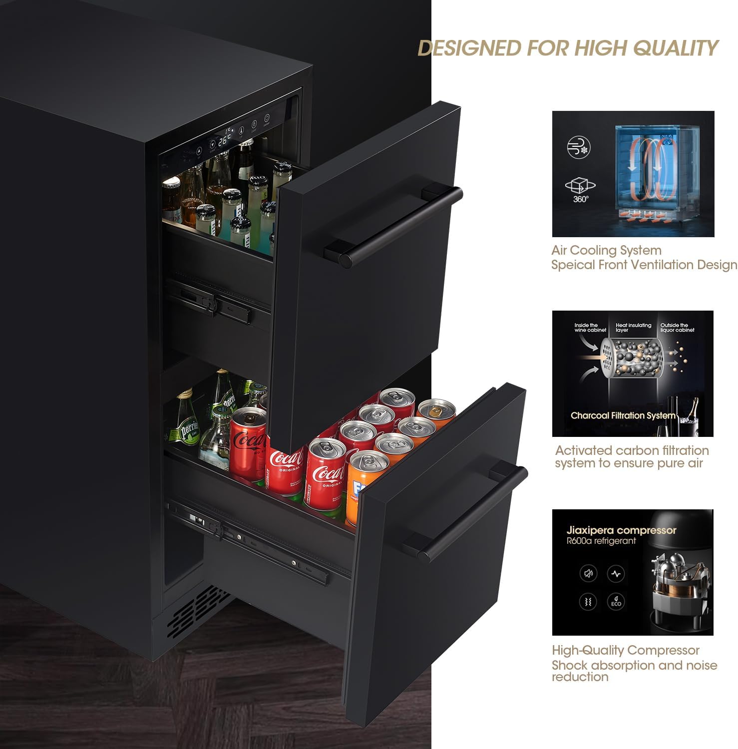 15 inch Double Drawer Drawer Refrigerator Under Counter Beverage Refrigerator, Indoor & Outdoor Fridge for Patio, Kitchen & Bar, Weatherproof, Black