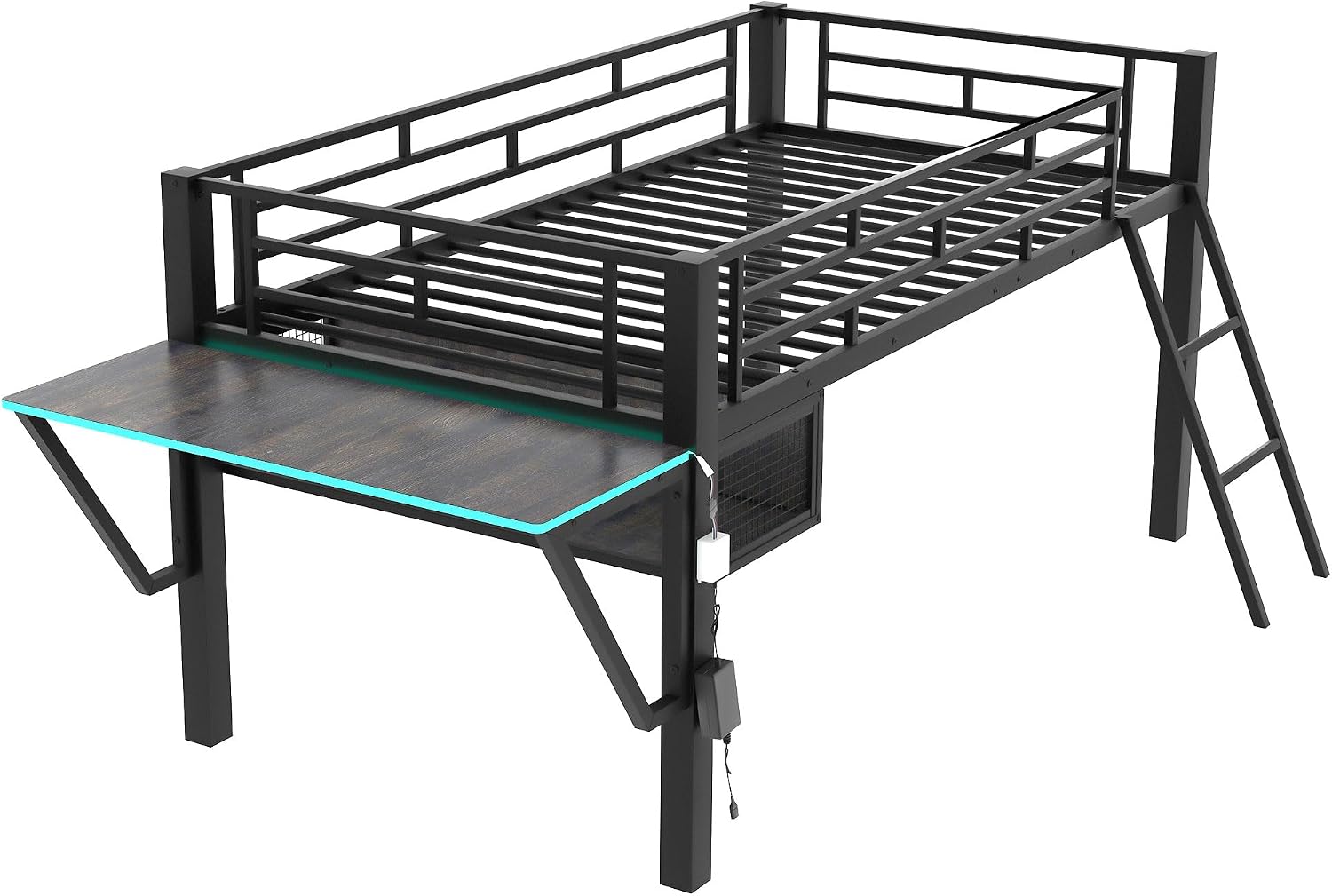 Bellemave Twin Loft Bed with Desk, Gaming mid loft Bed with Desk, LED, Storage Space, Black