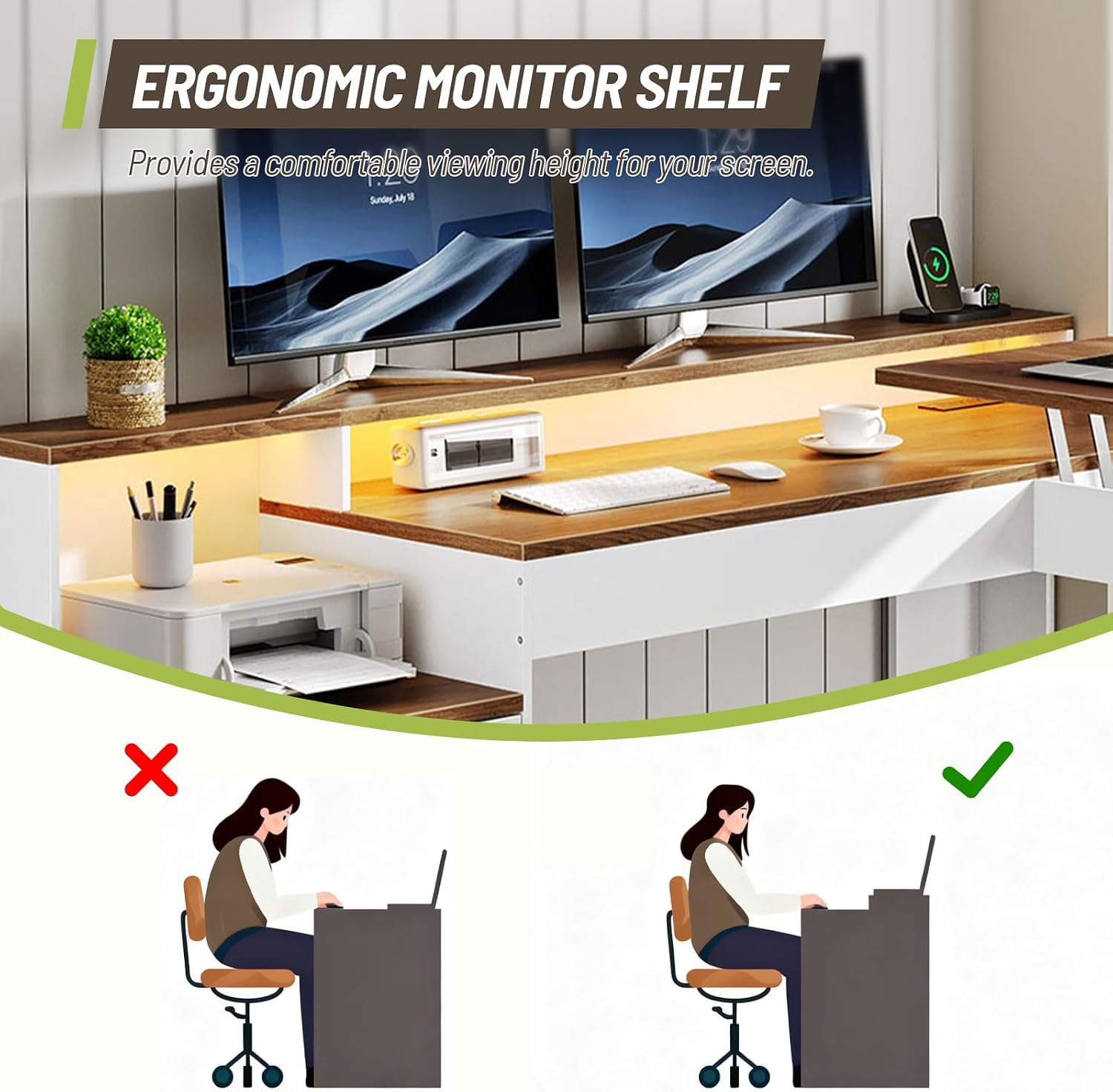 Farmhouse 63' L Shaped Standing Desk, Corner Computer Desk with Drawers, Office Desk with File Drawers with RGB Lighting & Charging Station, Monitor Stand and Storage Shelves, White and Walnut