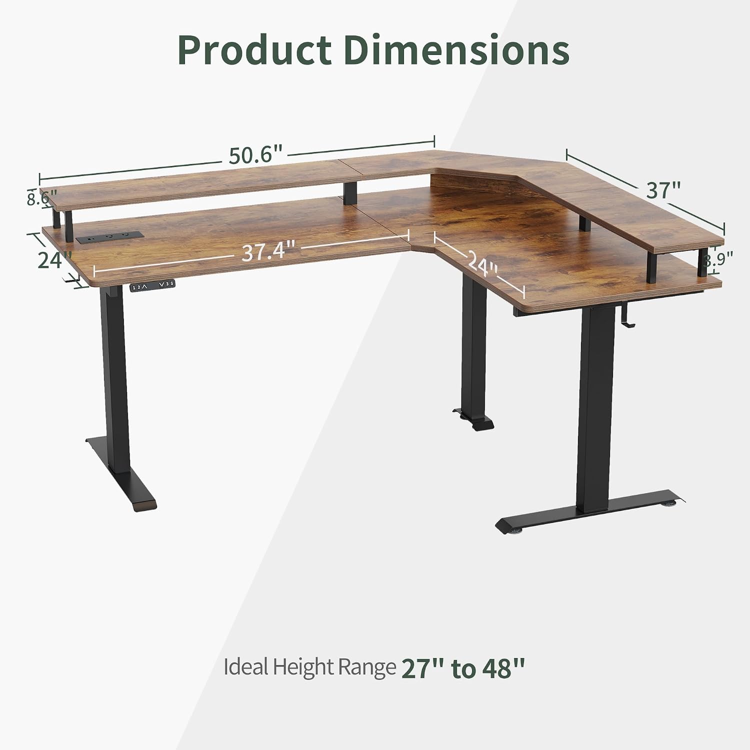 FEZIBO 63' Triple Motor L Shaped Standing Desk with LED Strip & Power Outlets, Height Adjustable Stand up Corner Gaming Desk with Ergonomic Monitor Stand, Rustic Brown Top/Black Frame