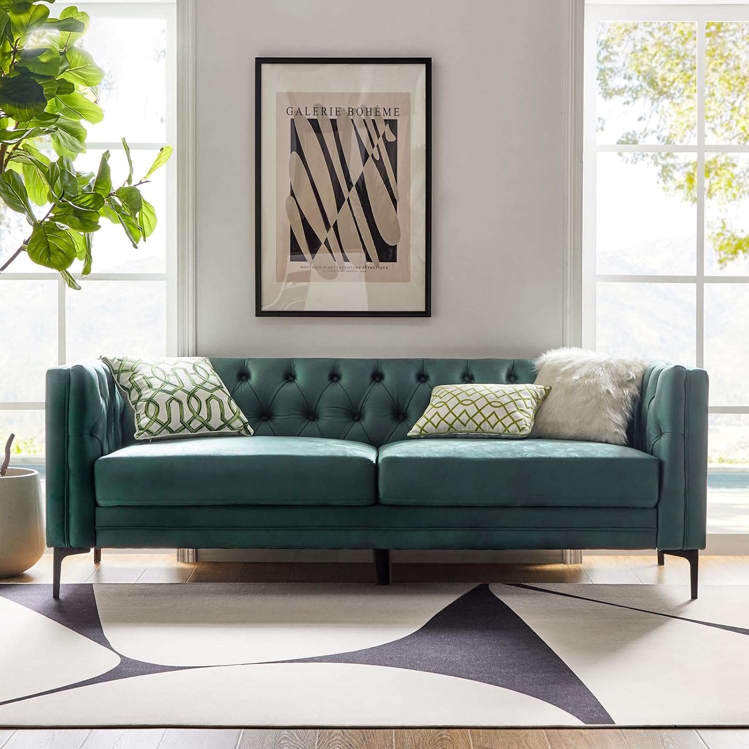 HULALA HOME 84' W Faux Leather Sofa Couch with Metal Legs, Button-Tufted 3-Seater Sofa, Mid Century Modern Contemporary Upholstered Couch for Living Room, Entertainment Area, Apartment,Green