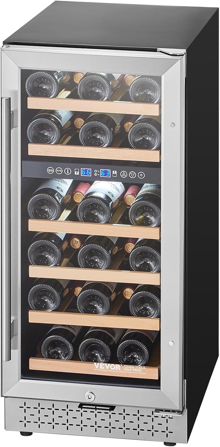 VEVOR Wine Cooler, 28 Bottle Dual Zone Wine Fridge, Mini Wine Cooler Refrigerator with Glass Door, Adjustable Shelves, Digital Temperature Control, Built-in & Freestanding Fridge for Home Office Bar