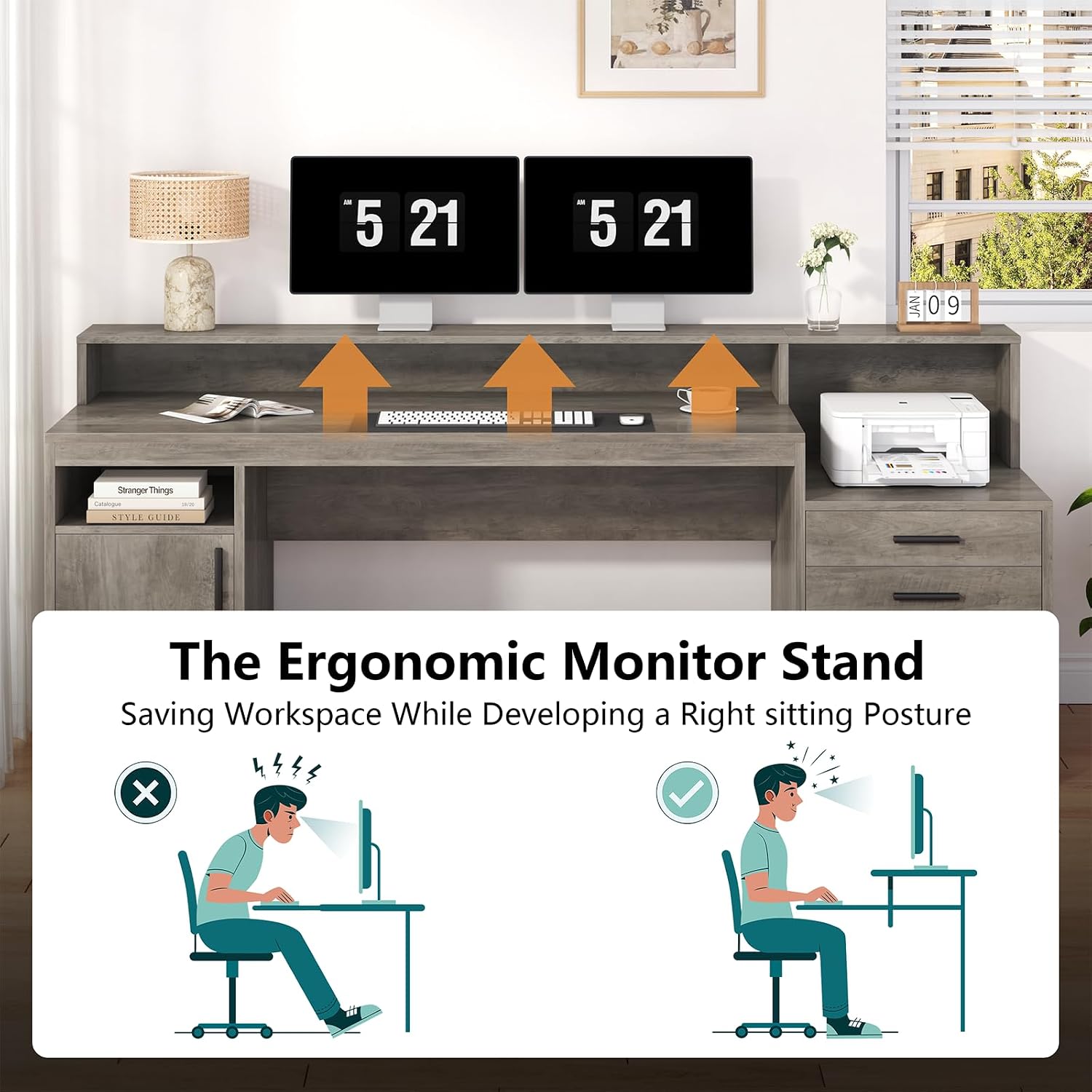 YOMILUVE Executive Computer Desk with 3 Drawers & Storage Shelves, 65 Inch Home Office Desk with File Drawer & Cabinet, Writing Study Desks with Monitor Stand & Printer Shelf, Executive Desk, Grey