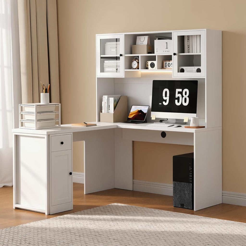 TUSY Reversible L Shaped Desk with Hutch & Storage Cabinet, 71' Corner Desk with LED, White Computer Desk with Drawers, DIY Home Office Desk for Small Space, Craft Desk with Storage