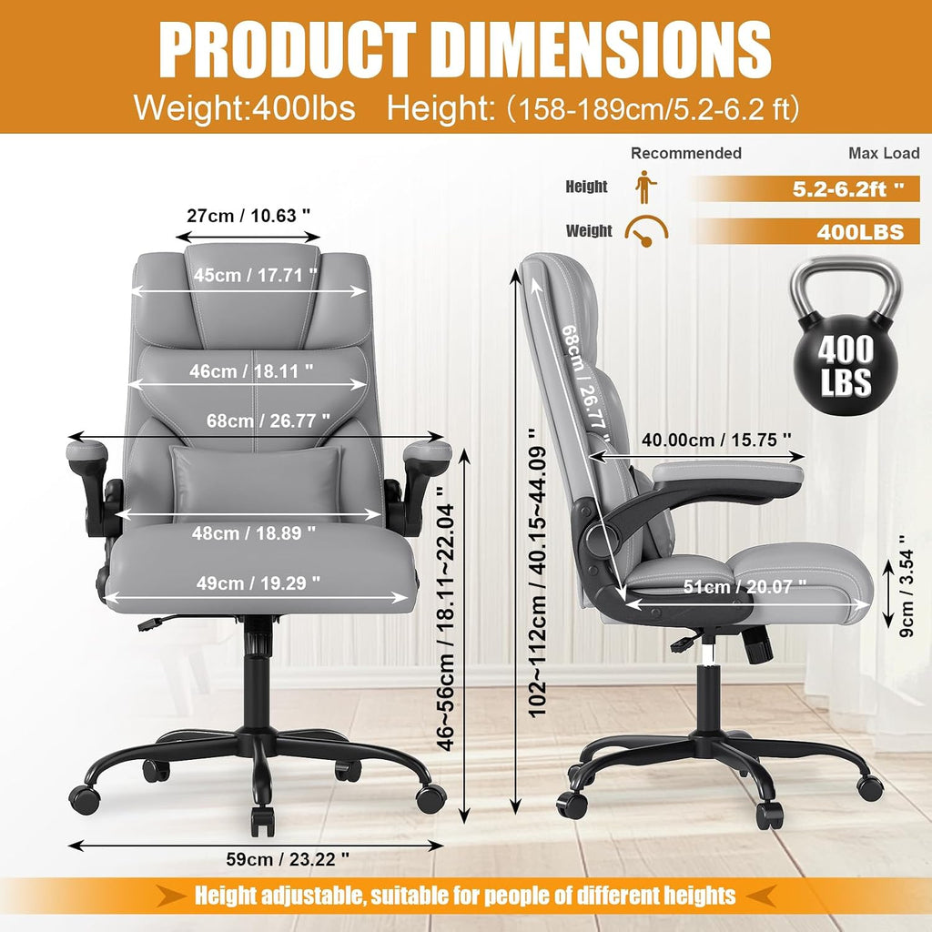Executive Office Chair with Flip-up Armrests,Ergonomic Computer Desk Chairs,Mid-Tall Back Leather Office Chair 400 Lbs,Lumbar Support Swivel PC Chair with Rocking Function