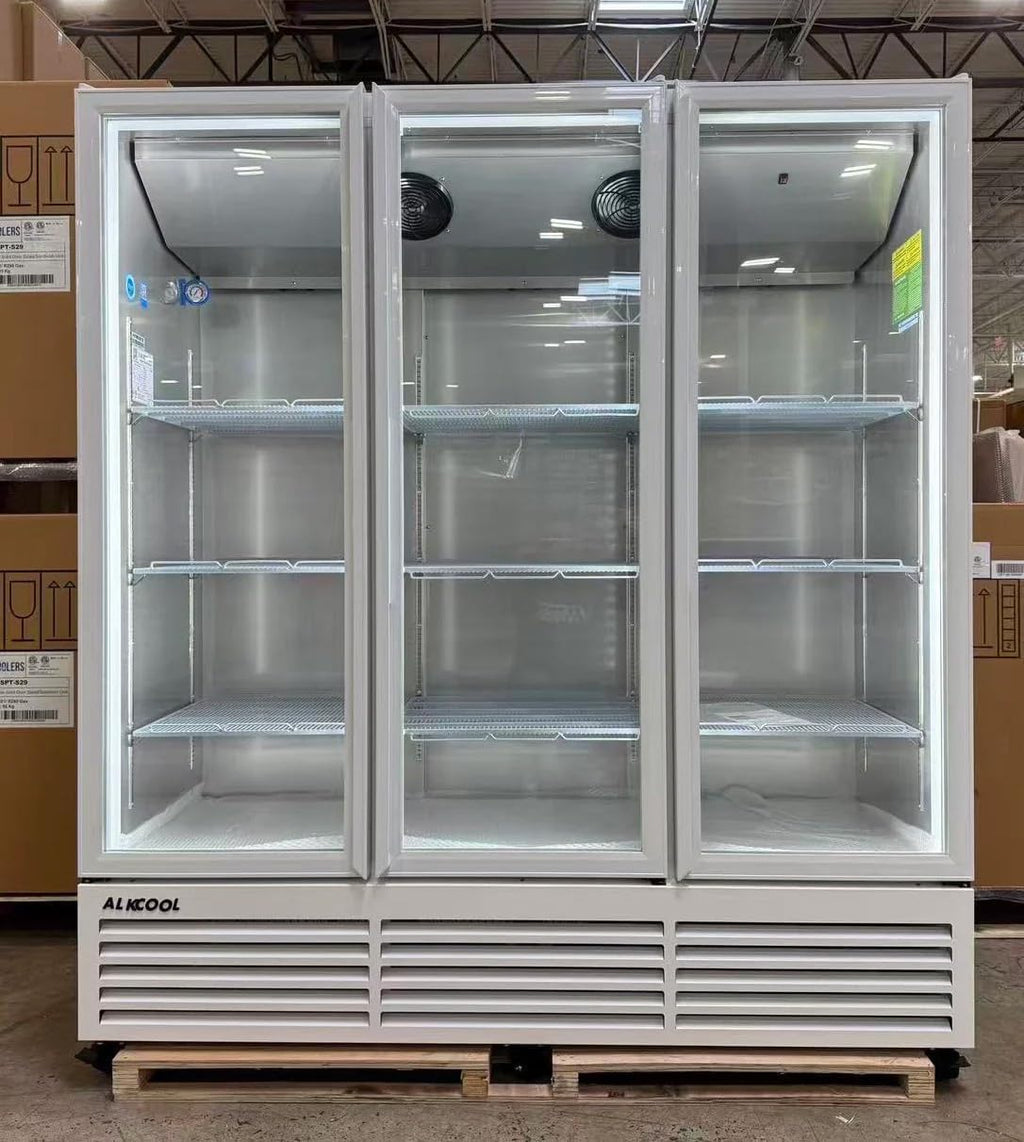 71' Wide Commercial Beverage Refrigerator Display Fridge, Three Glass Door Merchandiser Drink Cooler With LED Light 9 Adjustable Shelves,ETL Sanitation,64.5 Cu Ft,White,(Wheels Included)