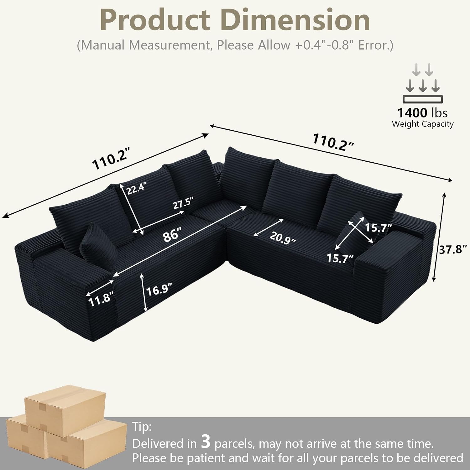 Sectional Cloud Couch for Living Room, Modern Modular Floor Deep-Seat Sofa, Upholstered L Shaped Sofas, Big Comfy Corduroy Couches Set for Living Room Bedroom, No Assembly Required, Black