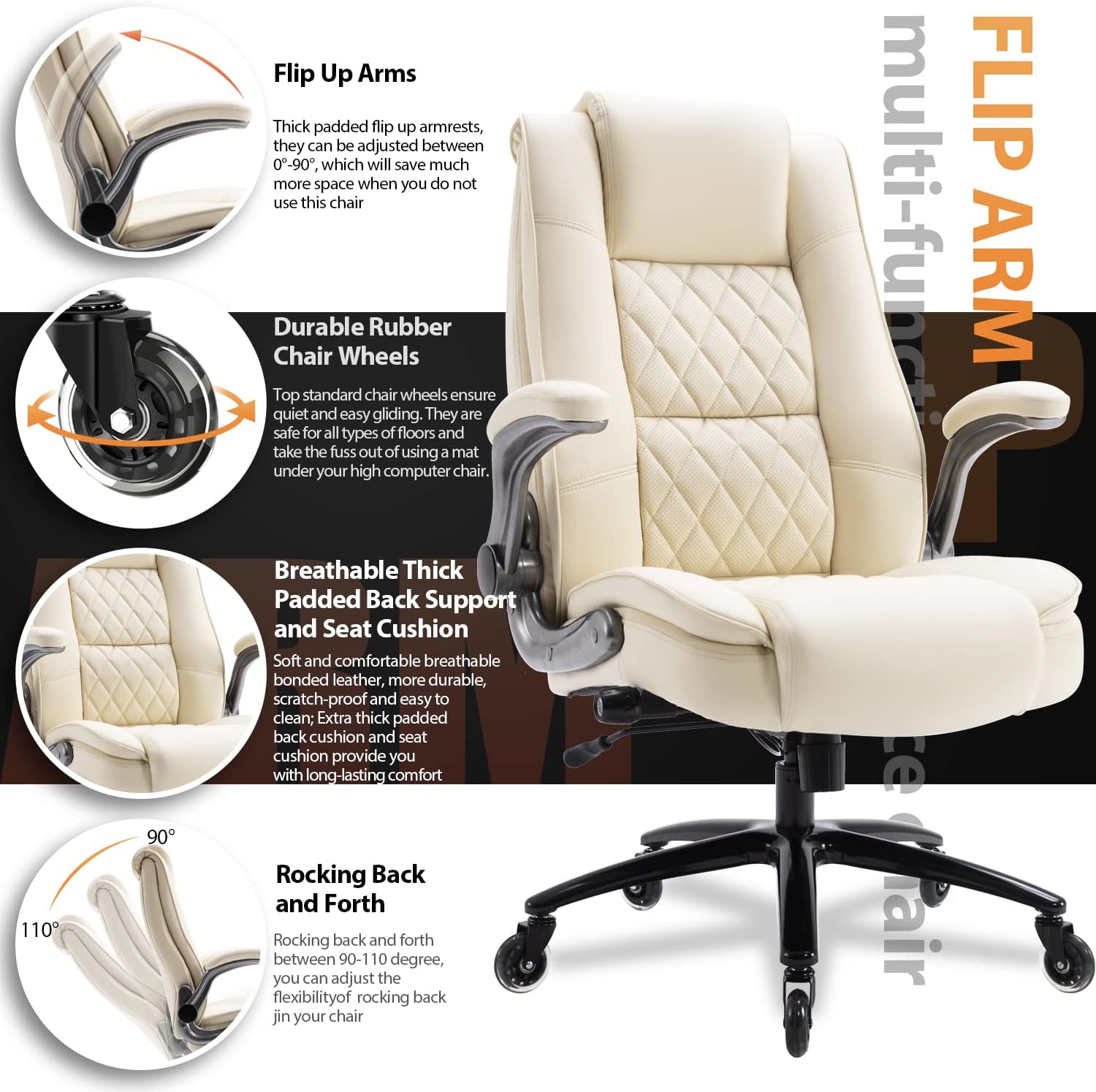EZAKI High Back Office Chair-Flip-up Arms Executive Computer Desk Chair, Built-in Lumbar Support Thick Padded Adjustable Rock Tension Ergonomic Design for Back Pain (Beige)