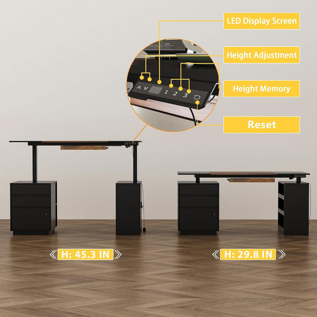 63' Electric Standing Desk with Lockable Drawer, Pegboard and Keyboard Tray, Height Adjustable Stand up Desk with File Cabinet & Shelves, Home Office Computer Gaming Table, Black