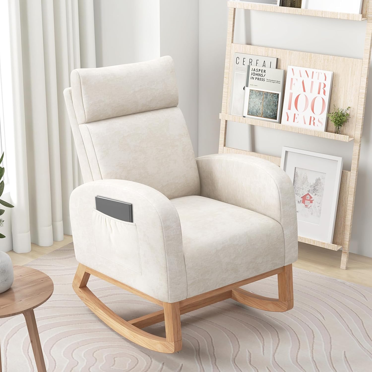 Giantex Rocking Chair Nursery Set of 2, Upholstered Chenille Rocker Chair w/Side Pocket, Natural Rubber Wood Frame, High Back, Modern Nursery Glider Armchair for Living Room, Bedroom