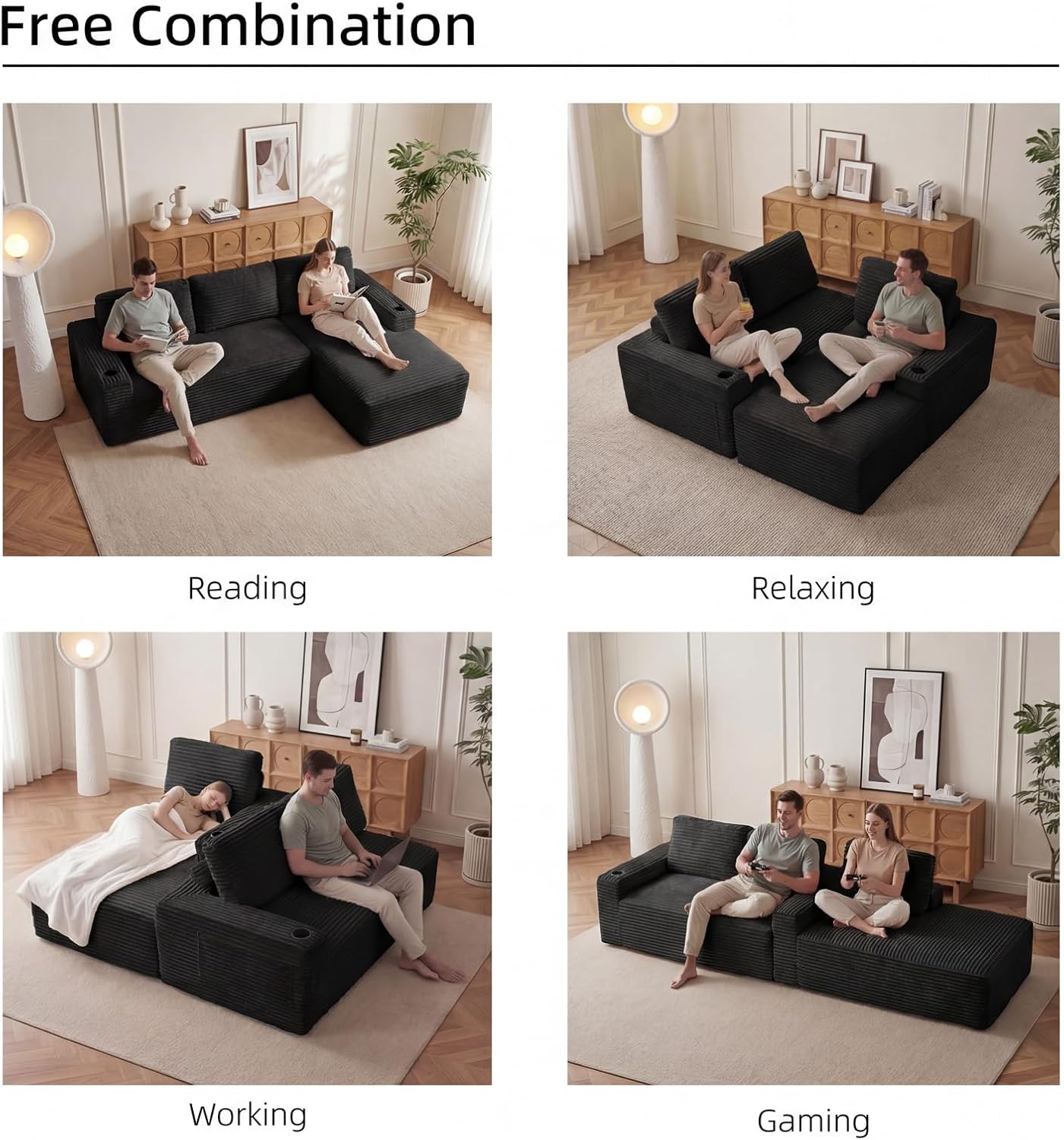 104' L Shaped Boneless Sectional Couches for Living Room, Comfy Corduroy Floor Cloud Sofa with Chaise and Cup Holder, Wide Armrest, Deep Seat, Assembly Free, Ideal for Small Spaces, Black
