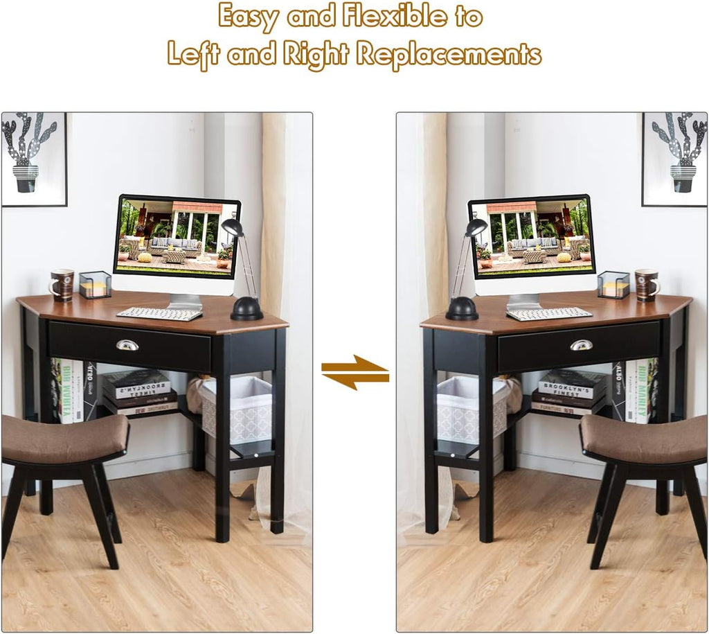 Tangkula Corner Desk, Corner Computer Desk with Drawer for Small Space, Small Corner Makeup Vanity Desk, 90 Degrees Triangle Corner Desk with Storage Shelves (Coffee & Black)