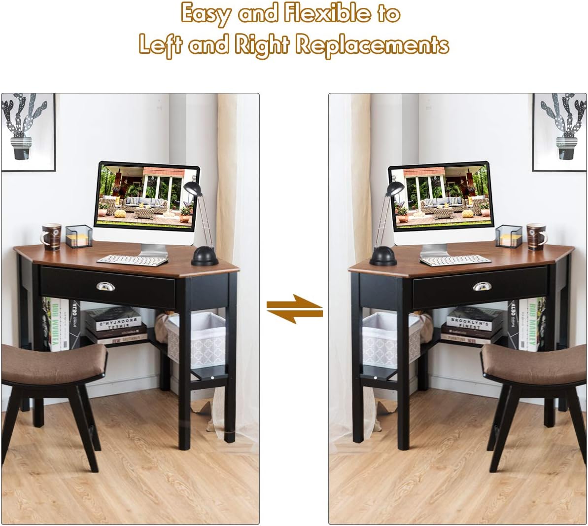 Tangkula Corner Desk, Corner Computer Desk with Drawer for Small Space, Small Corner Makeup Vanity Desk, 90 Degrees Triangle Corner Desk with Storage Shelves (Coffee & Black)