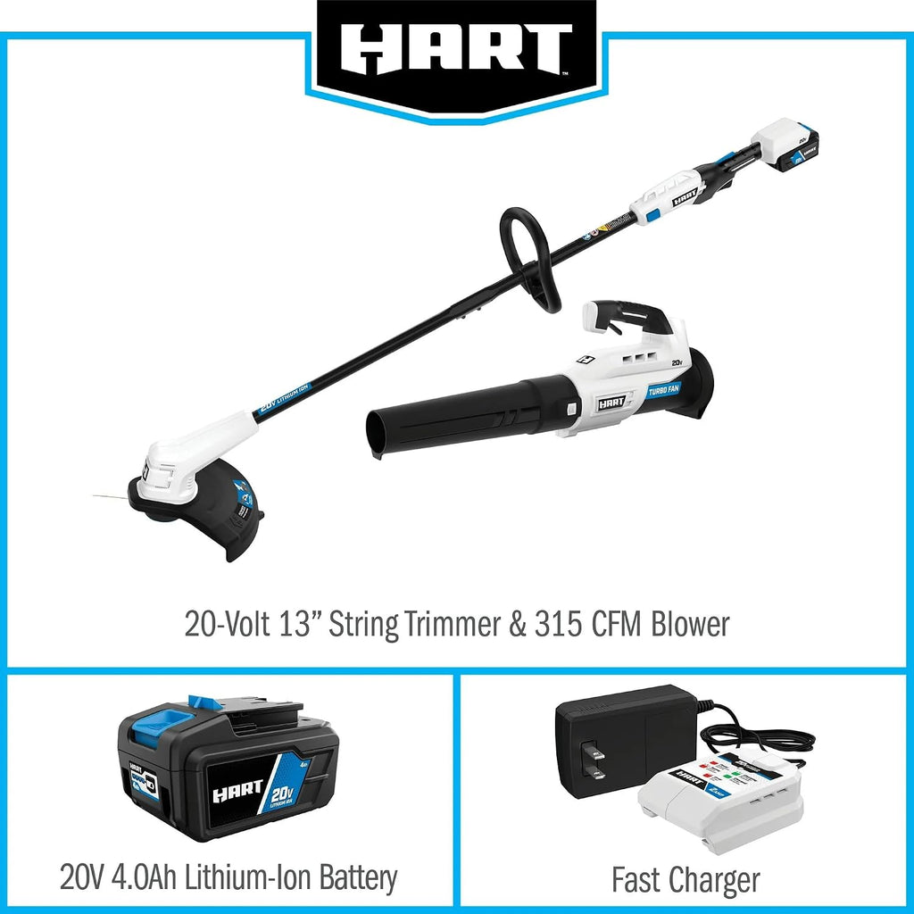 HART 20 Volt 13' Cordless Trimmer & Blower Combo Kit, Lightweight, Battery Powered Lawn Care Set