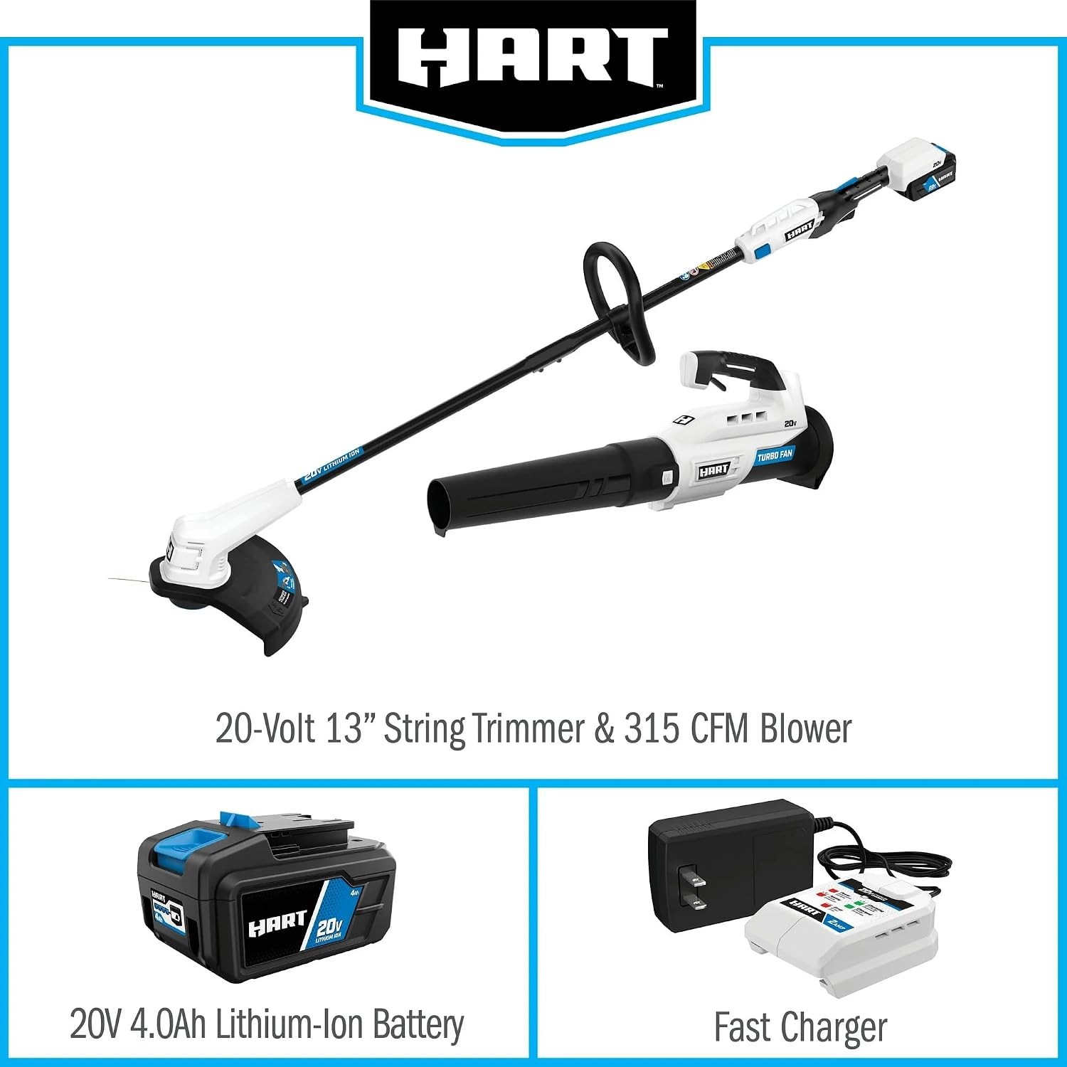 HART 20 Volt 13' Cordless Trimmer & Blower Combo Kit, Lightweight, Battery Powered Lawn Care Set