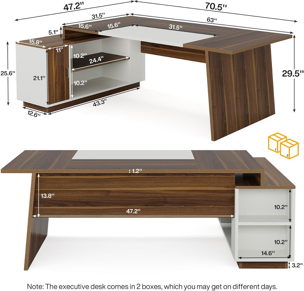 Tribesigns L-Shaped Executive Office Desk, 70.5-Inch Mid-Century Modern Executive Desk with Storage Cabinet and Shelves, Large Computer Desk for Home Office, Brown + White