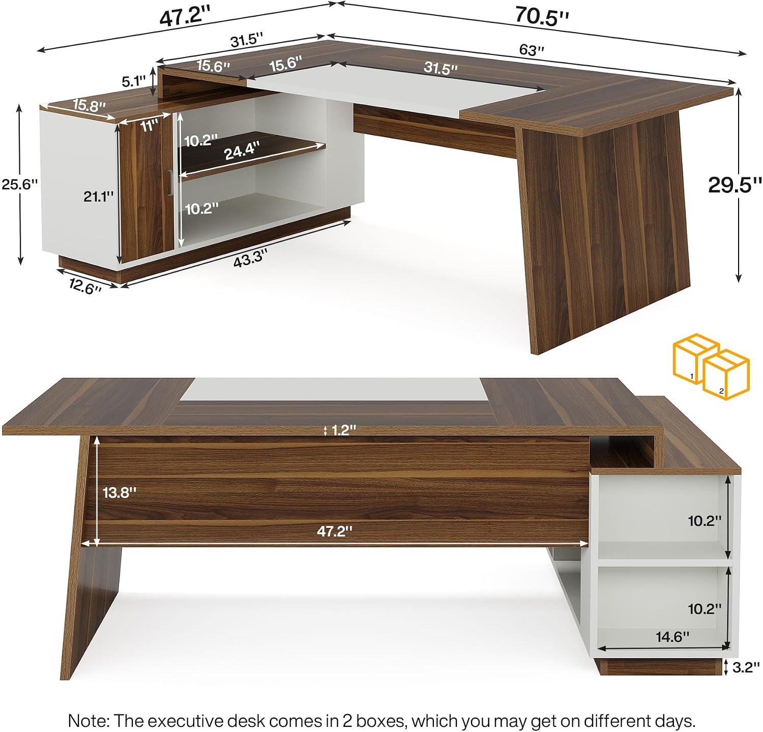 Tribesigns L-Shaped Executive Office Desk, 70.5-Inch Mid-Century Modern Executive Desk with Storage Cabinet and Shelves, Large Computer Desk for Home Office, Brown + White