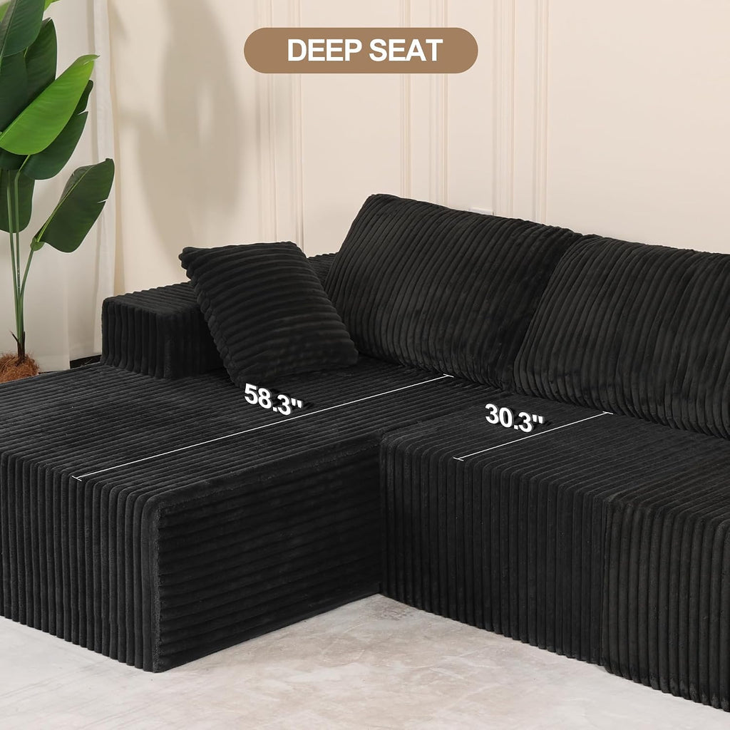 L Shaped Modular Boneless Sectional Couches for Living Room, Wide Armrest, Deep Seat, Memory Foam, Assembly Free, Modern Comfy Corduroy Fluffy Cloud Sofa with Left Chaise, Black