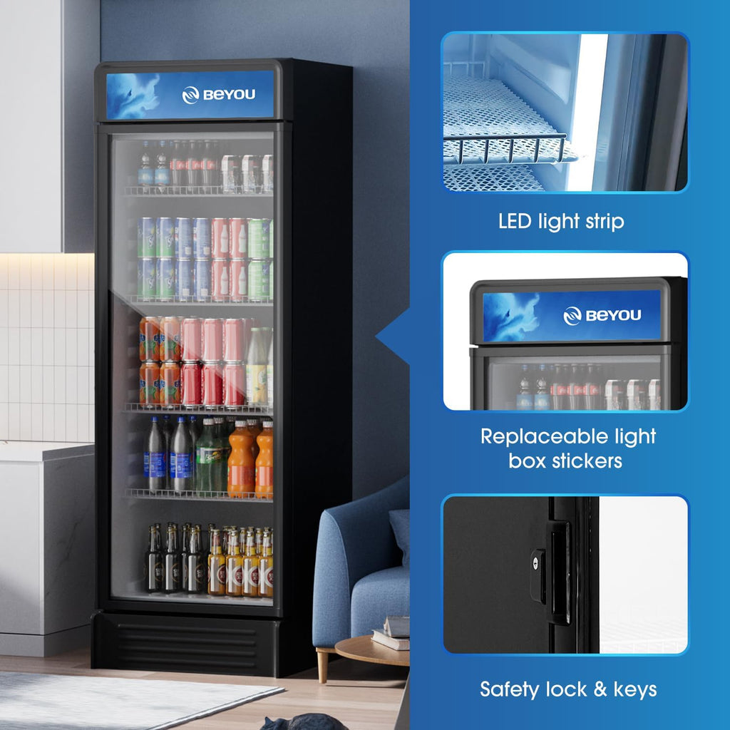 BEYOU Commercial Beverage Refrigerator, 12.2 cu. Ft Upright Display Merchandiser with single Glass Door, Drink Cooler for Living Room,Bar,Garage（Black）
