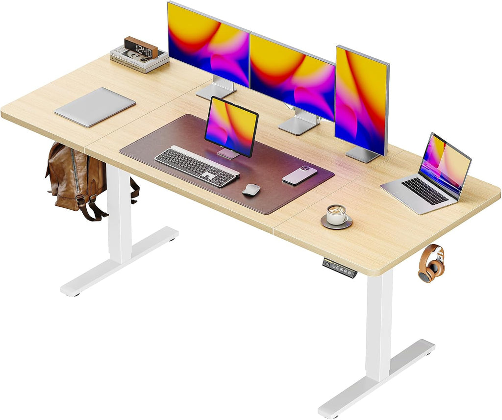 Huuger 63 x 28 Large Electric Standing Desk, Height Adjustable Computer Desk, 27.6' Deep Desktop, Stand up Gaming Office Table with 2 Hooks, 3 Preset Heights, for Home Office, Maple