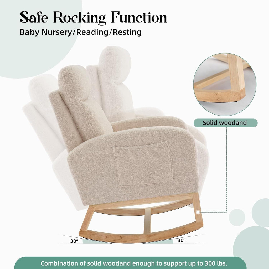 Nursery Glider Rocking Chair with 2 Side Pockets - Solid Wood Legs, Cozy Armchair for Baby Room, Living Room, Bedroom, Comfortable Nursery Essential(Beige)